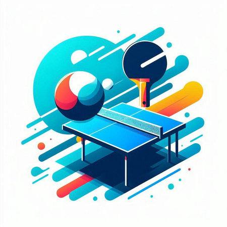 Table tennis isometric vector illustration. Table tennis table with ball and racket.のイラスト素材