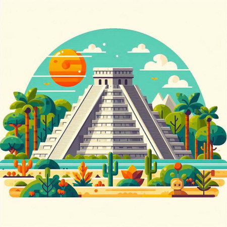 Chichen Itza. Mayan pyramid. Vector illustration in flat styleのイラスト素材