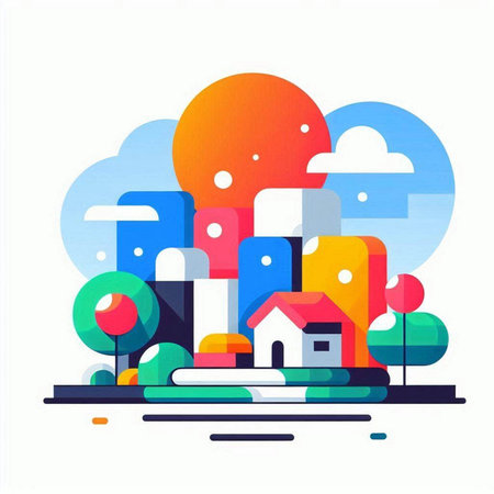 Abstract city landscape with buildings, trees and clouds. Vector illustration.のイラスト素材