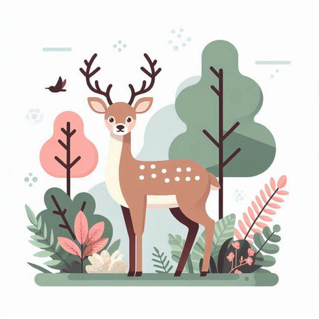 Cute deer in the forest. Vector illustration in flat style.のイラスト素材
