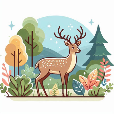 Deer in the forest. Cute cartoon illustration. Vector.のイラスト素材