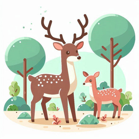 Deer family vector illustration. Cute cartoon character with antlers in forest.のイラスト素材