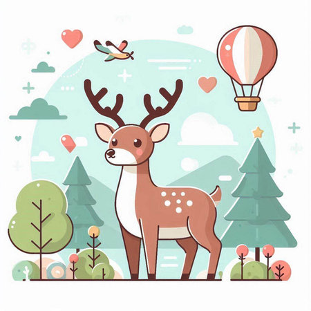 Cute cartoon deer in a forest with hot air balloon. Vector illustrationのイラスト素材