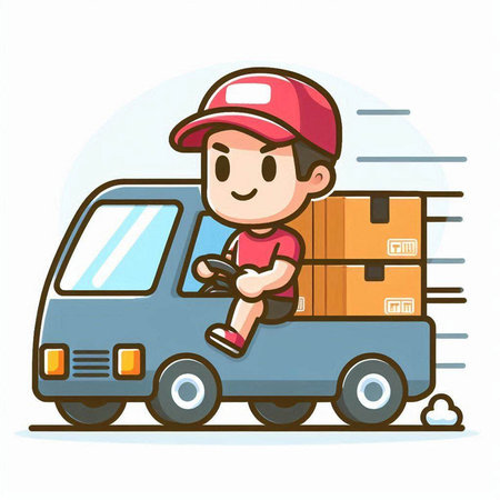 delivery boy driving the car with boxes, delivery concept, vector illustrationのイラスト素材