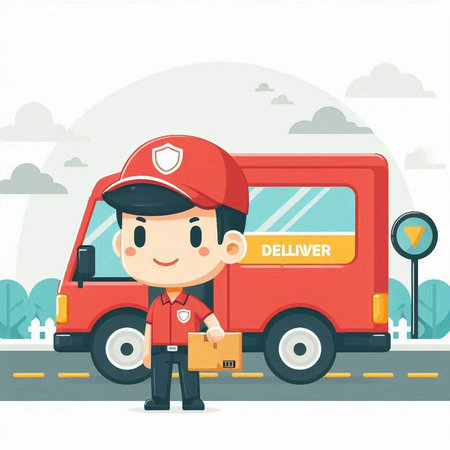 Courier with delivery truck on the road. Vector flat design illustration.のイラスト素材