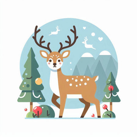Christmas greeting card with cute deer and christmas tree. Vector illustration.のイラスト素材