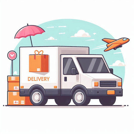 Delivery truck and boxes on white background. Flat style vector illustration.のイラスト素材