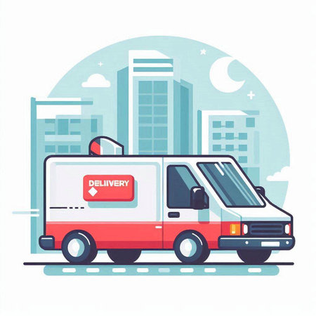 Vector illustration of a delivery van on the background of the city.のイラスト素材