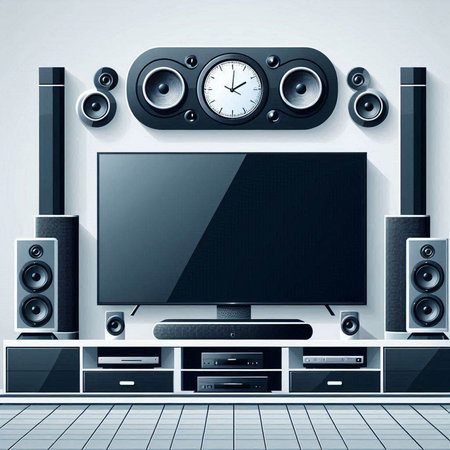Home theater with large screen and speakers. 3D illustration. Mock up.のイラスト素材