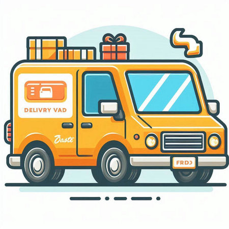 Vector illustration of yellow delivery van with gift boxes on white background.のイラスト素材