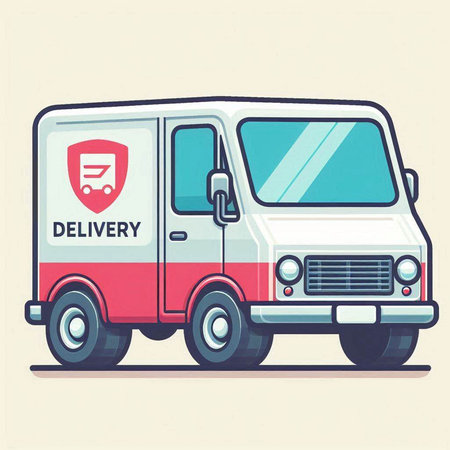 Delivery van vector illustration in flat style. Delivery truck with shield.のイラスト素材