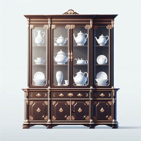 antique cupboard with porcelain dishes on a white backgroundのイラスト素材