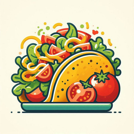 Illustration of a taco with tomato and salad. Vector illustration.のイラスト素材