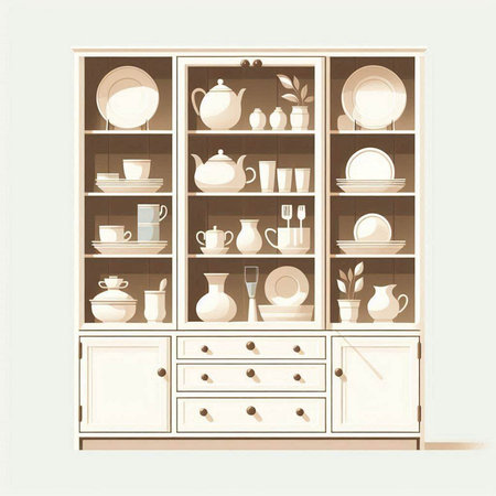 Illustration of a white cupboard with a set of dishes.のイラスト素材