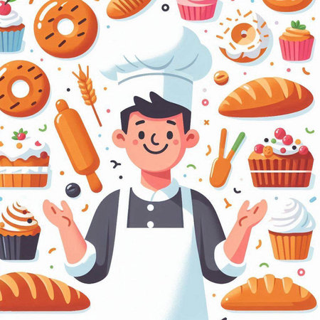 Bakery shop, pastry shop, confectionery store vector banner. Cartoon man chef character in apron with croissant, doughnut, muffin, cake, bagel, cupcake, biscuit, pastry bagelのイラスト素材