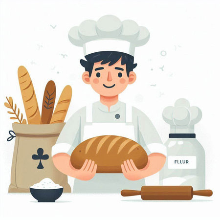 Chef holding a loaf of bread. Vector illustration in cartoon style.のイラスト素材