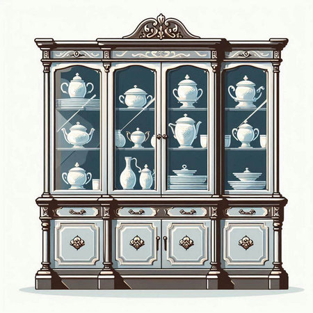 Vintage cabinet with dishes and crockery. Vector illustration.のイラスト素材