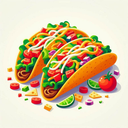 Mexican tacos with vegetables and sauce. Vector illustration of tacos.のイラスト素材