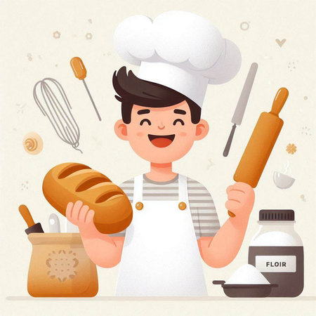 Cute cartoon boy in chef hat and apron with bread and rolling pin.のイラスト素材