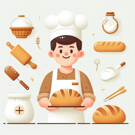 Vector illustration of a boy chef with a bread in his hands.のイラスト素材