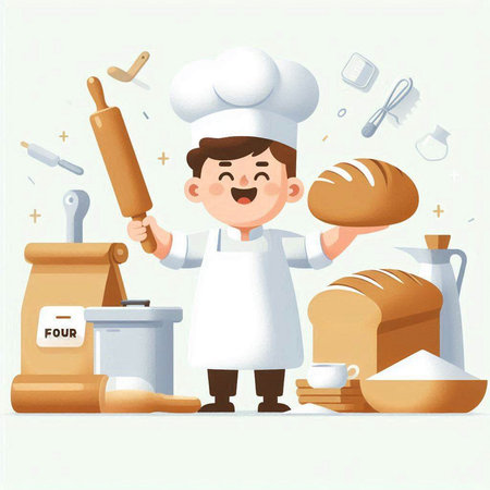 Chef boy with bread and rolling pin. Vector cartoon illustration.のイラスト素材