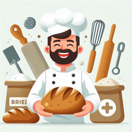 Chef holding a loaf of bread in his hands. Vector illustration.のイラスト素材