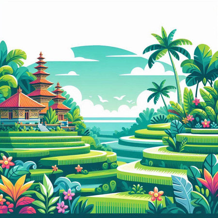 Tropical landscape with palm trees and pagoda. Vector illustrationのイラスト素材