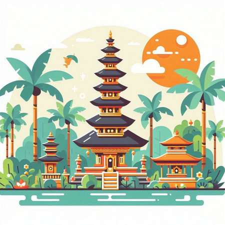 Pagoda on the background of palm trees. Vector illustration.のイラスト素材