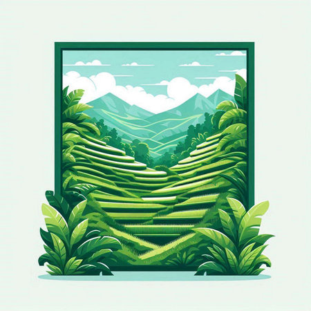 Illustration of green tea terraces with mountains in the background.のイラスト素材