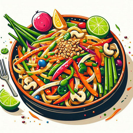 Vector illustration of Noodles with Vegetables and Fruits in Bowlのイラスト素材