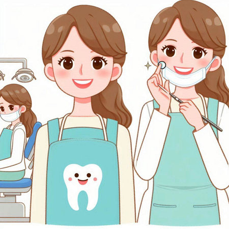 Dentist woman with a smile and dental equipment. Vector illustration.のイラスト素材
