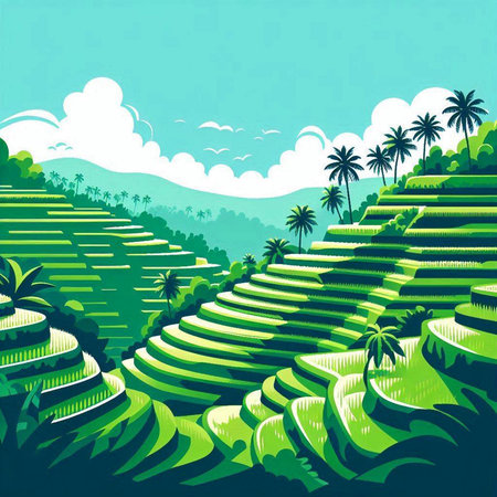Terraced rice field with coconut trees. Vector illustration. Green background.のイラスト素材