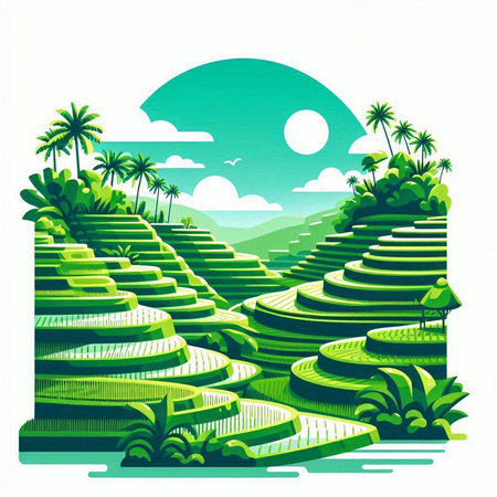 Terraced rice fields with palms and sun. Vector illustration.のイラスト素材
