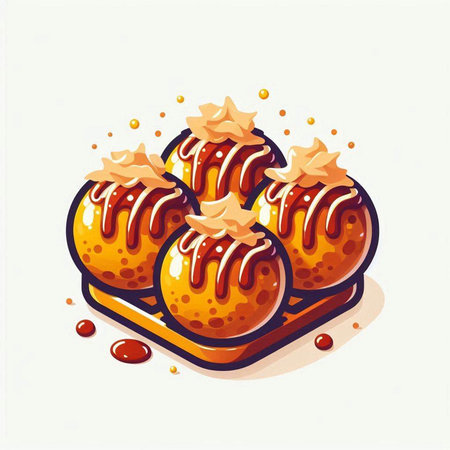 Vector illustration of sweet cakes with cream and caramel on a white backgroundのイラスト素材