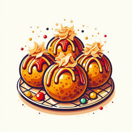 Vector illustration of orange bundt cake with whipped cream and candiesのイラスト素材