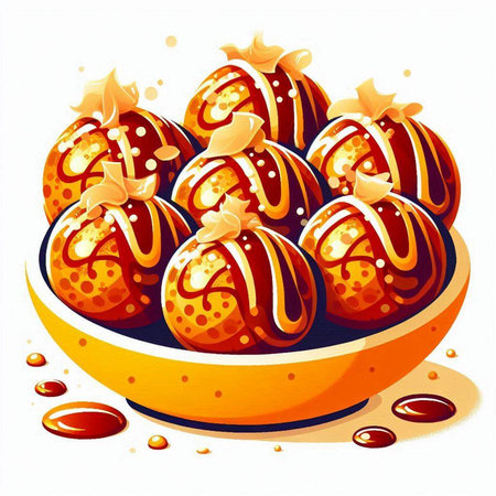Vector illustration of chocolate dipped strawberries in a bowl with caramel sauce.のイラスト素材