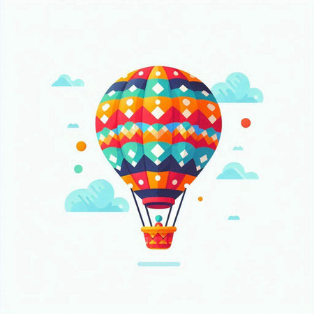 Colorful hot air balloon with colorful geometric pattern. Vector illustration.のイラスト素材