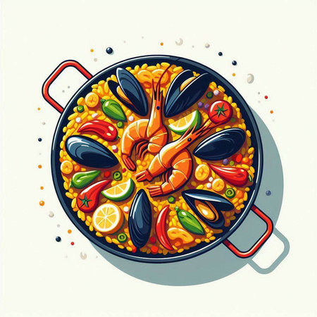 Seafood paella in a frying pan. Vector illustration.のイラスト素材