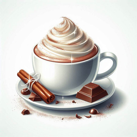 Cup of coffee with whipped cream, chocolate and cinnamon. Vector illustration.のイラスト素材
