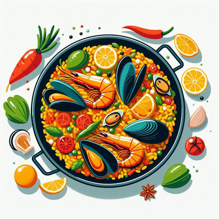 Seafood paella in a frying pan with ingredients. Vector illustration.のイラスト素材
