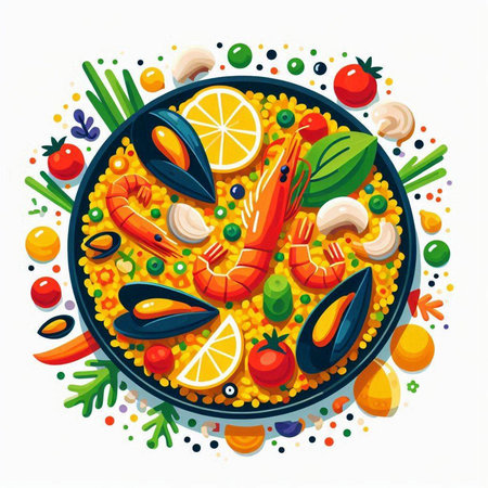 Seafood paella dish with prawns, shrimps, mussels, squids, tomatoes, peppers, onions, lemon, parsley, garlic. Traditional spanish dish. Vector illustration.のイラスト素材