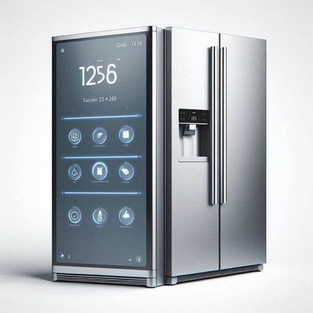 Modern refrigerator with remote control on a gray background. 3d renderingのイラスト素材
