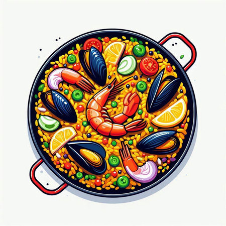 Seafood paella in a frying pan. Vector illustration.のイラスト素材