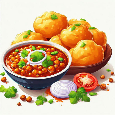 Illustration of a bowl of chickpea curry with ingredients aroundのイラスト素材