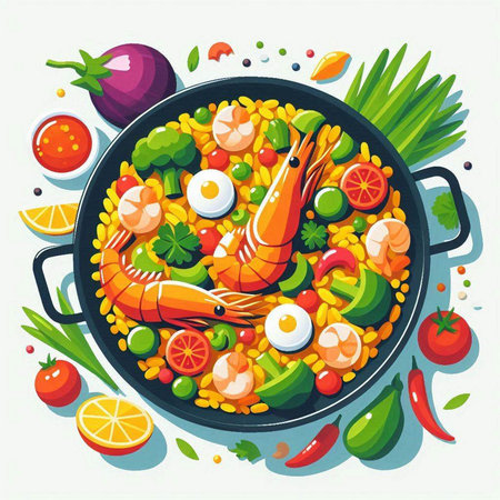 Vector illustration of a seafood paella in a pan with shrimps and vegetablesのイラスト素材