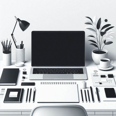 Modern workplace with blank screen laptop, coffee cup, stationery and other items. Mock up, 3D Renderingのイラスト素材