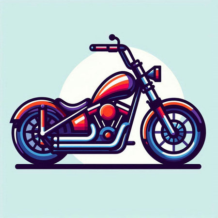 Vector illustration of a chopper motorcycle on a light blue background.のイラスト素材