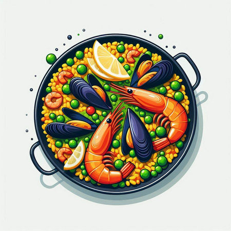 Seafood paella vector illustration. Traditional spanish dish.のイラスト素材