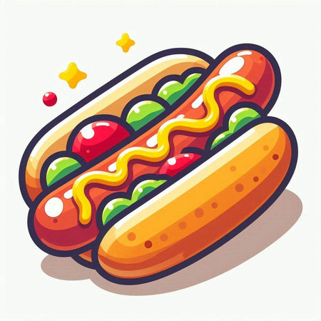 Hot dog with mustard and ketchup. Fast food vector illustration.のイラスト素材