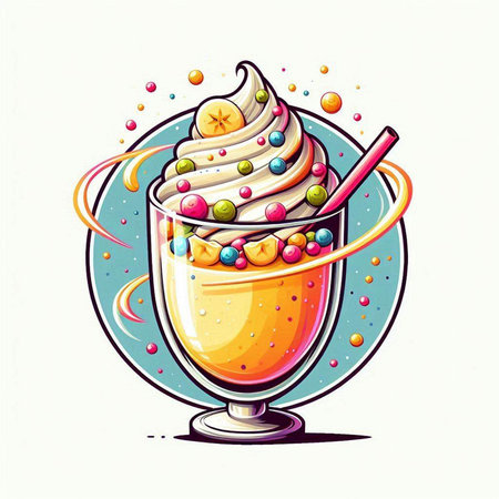 Colorful milkshake with whipped cream and colorful candies, vector illustrationのイラスト素材